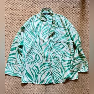 Zara Green and Cream Striped Pajama Style Shirt